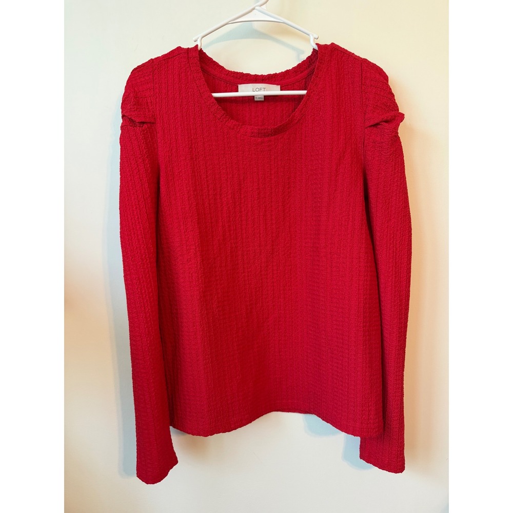 Loft Red Textured Puff Shoulder Long Sleeve Scoop Neck Blouse Top Medium